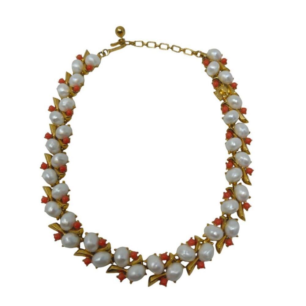 Vintage 1960s Faux Pearl & Coral Bead Necklace | Mid Century